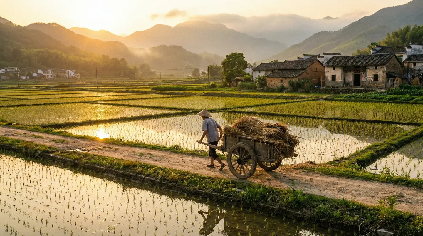 泰剧你是我心中的太阳 - 金色夕阳下的乡村田野，老农推着木车行走在田埂上